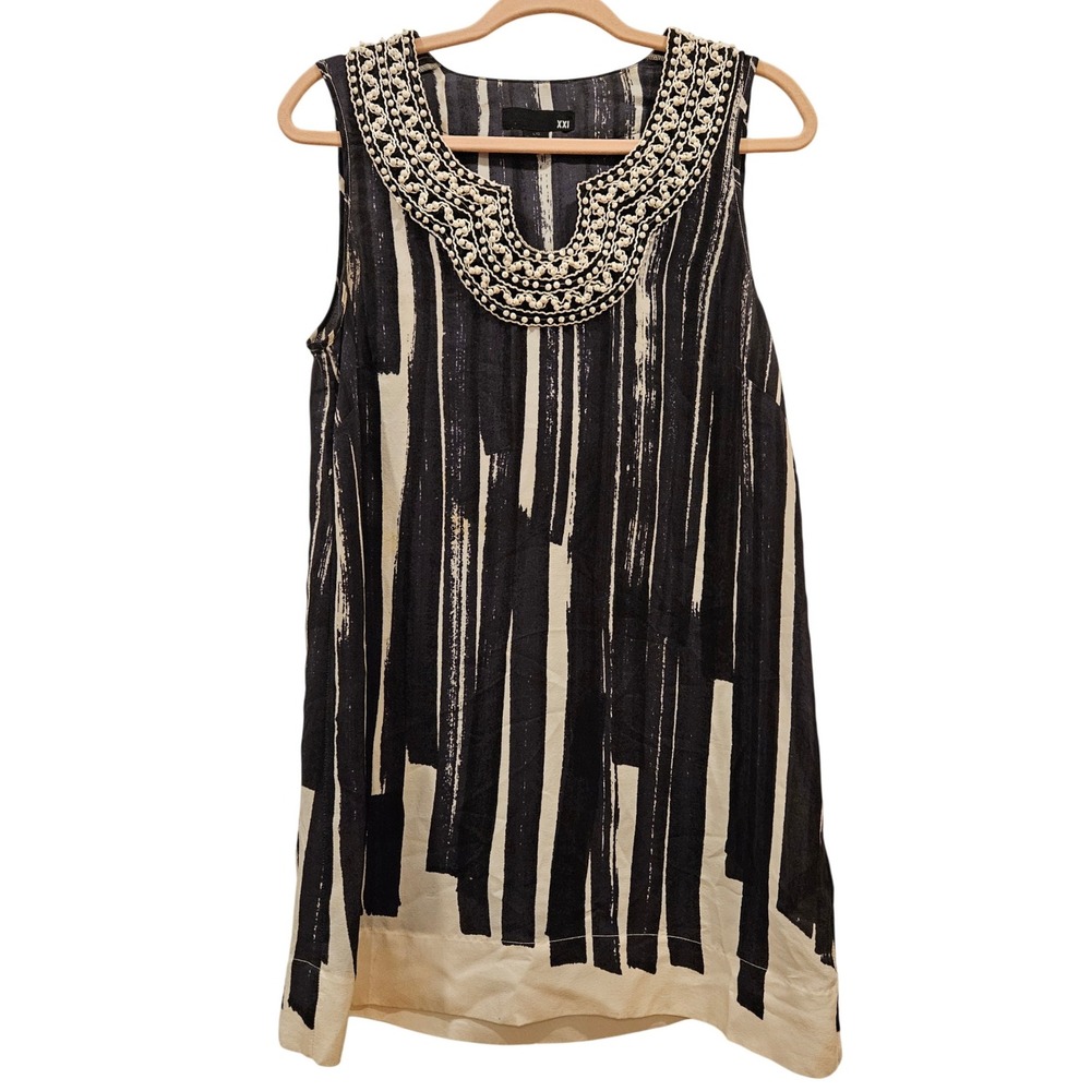 100% Silk Abstract Print Sleeveless Tunic Top with Beaded Neckline Large
